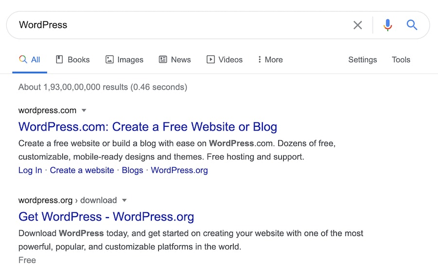 'WordPress' search results on Google